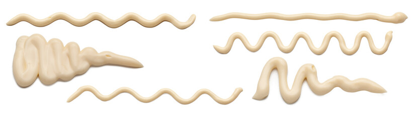 Mayonnaise sauce in the form of lines. Collection of wavy lines of mayonnaise sauce isolated on...