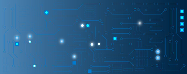 Blue circuit electronic, electrical line or circuit board with circle engineering technology concept vector background