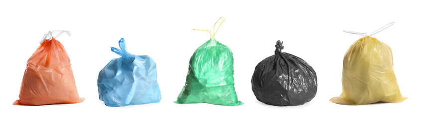 Set with different trash bags full of garbage on white background. Banner design