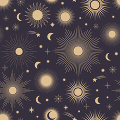 Hand drawn seamless pattern of different Sun, Moon, sunburst, stars. Celestial space vector. Magic space galaxy sketch illustration for greeting card, invitation, wallpaper, wrapping paper, fabric