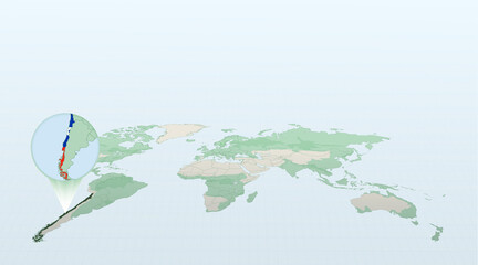 World map in perspective showing the location of the country Chile with detailed map with flag of Chile.