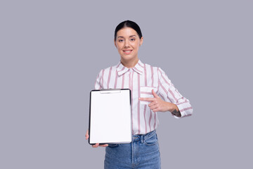 Office Girl Showing Blank Clipboard Pointing at It Isolated. Advertisment, Office, Commercial Concept