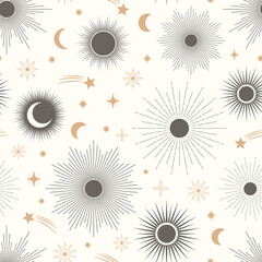 Hand drawn seamless pattern of different Sun, Moon, sunburst, stars. Celestial space vector. Magic space galaxy sketch illustration for greeting card, invitation, wallpaper, wrapping paper, fabric