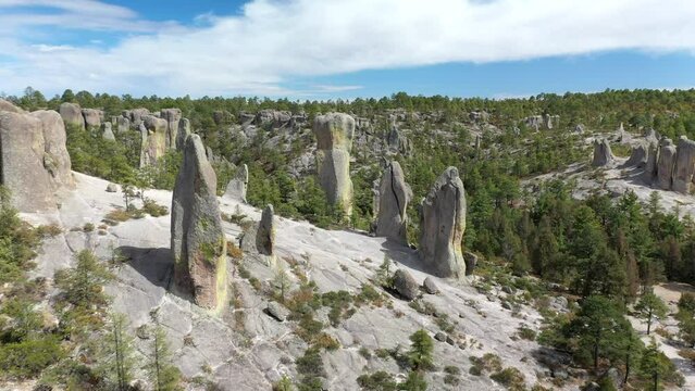 Rock formations of Valle de los Monjes, Chihuahua, forward aerial