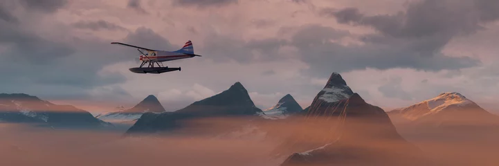  Dramatic Mountain Landscape covered in clouds. Sunset or Sunrise Colorful Sky. Seaplane aircraft Flying. 3d Rendering Adventure Dream Concept Artwork. © edb3_16