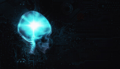 Skull profile silhouette and motherboard background.