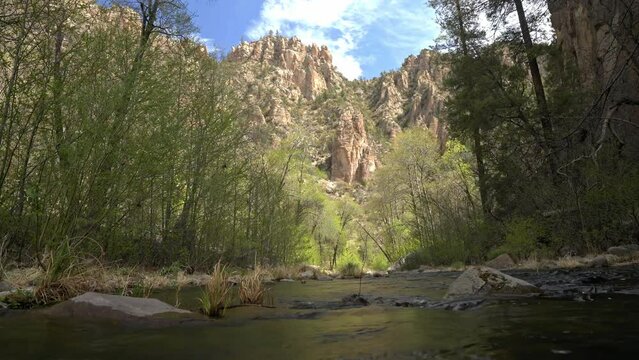 Low angle of Gila River Gorge, New Mexico with steep rocky walls behind