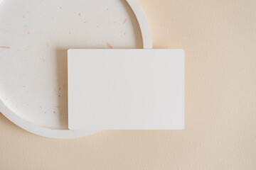 Business card minimalist mock up. Name card, place card, menu mockup on beige background