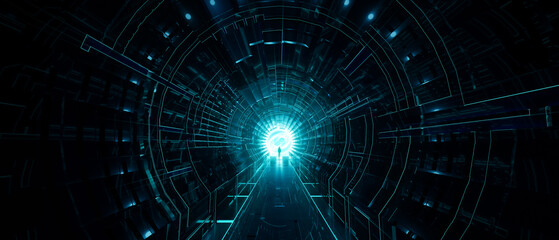 Dark abstract Sci Fi Tunnel background. Man Standing with Glowing Light Rays. 3d Rendering © edb3_16