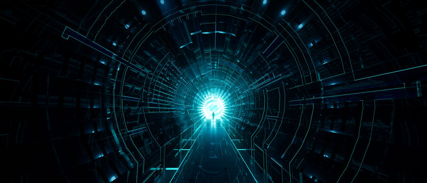 Dark abstract Sci Fi Tunnel background. Man Standing with Glowing Light Rays. 3d Rendering