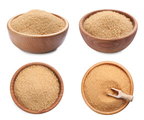 Brown sugar in wooden bowls on white background