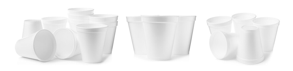 Set with styrofoam cups on white background. Banner design