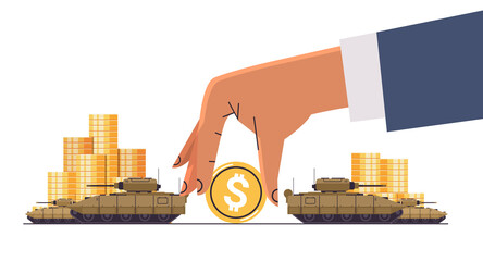 Ukrainian tank special army battle transport military equipment near dollar coins financing war sanctions metaphor