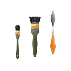 Paint brushes on white background. Drawing material for creative, school design, craft and hobby.