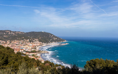 ligurian seascape italian coast with sunny day in summertime - obrazy, fototapety, plakaty
