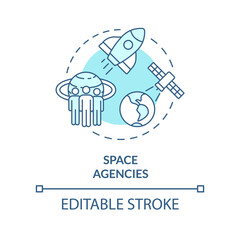 Space agencies turquoise concept icon. Cosmos exploration. Institution example abstract idea thin line illustration. Isolated outline drawing. Editable stroke. Arial, Myriad Pro-Bold fonts used
