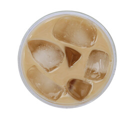 Top view iced coffee latte cappuccino in glass isolated on white background, clipping path included