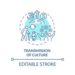 Transmission of culture turquoise concept icon. Social institutions function abstract idea thin line illustration. Isolated outline drawing. Editable stroke. Arial, Myriad Pro-Bold fonts used