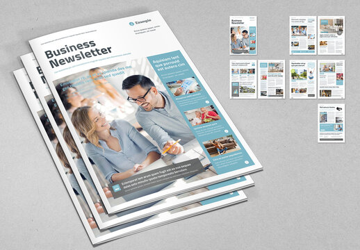 Business Newsletter Layout with Pale Blue and Gray Elements
