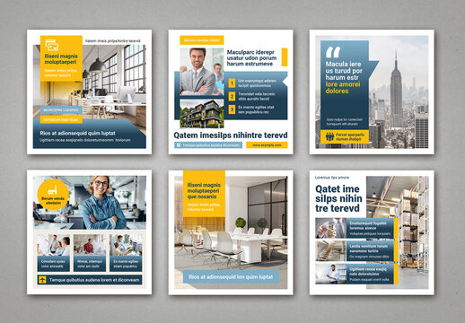 Square Social Media Post Layouts with Blue and Yellow Elements