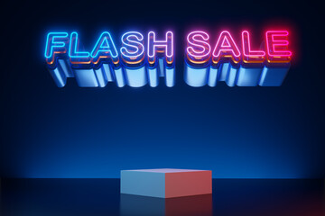 Flash sale neon light text with empty display, 3d rendering