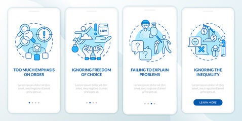 Social institutions disadvantages blue onboarding mobile app screen. Walkthrough 4 steps graphic instructions pages with linear concepts. UI, UX, GUI template. Myriad Pro-Bold, Regular fonts used