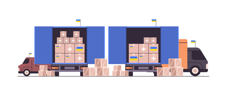 delivery of humanitarian aid in Ukraine by trucks save Ukraine from russia stop war medical supplies food clothing donation