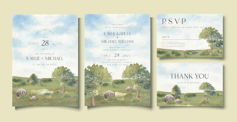 Wedding Invitation Card Template with Rock, Tree, & Meadow Landscape Watercolor Background Design