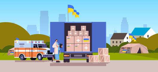 doctor giving help box with medical supplies to refugees humanitarian aid material assistance governmental help