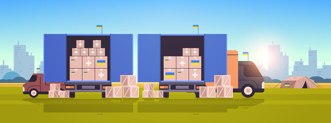 delivery of humanitarian aid in Ukraine by trucks save Ukraine from russia stop war medical supplies food clothing donation