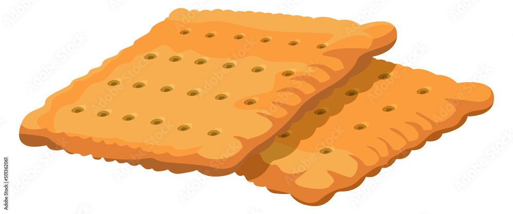 Sticker Square salty cracker icon. Cartoon biscuit snack