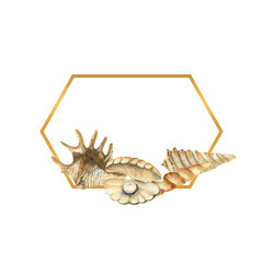 Obraz premium Hand-drawn Gold frame with shells, beach illustration. Watercolor seashells on a white isolated background