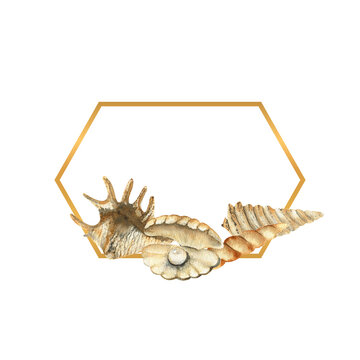 Hand-drawn Gold frame with shells, beach illustration. Watercolor seashells on a white isolated background
