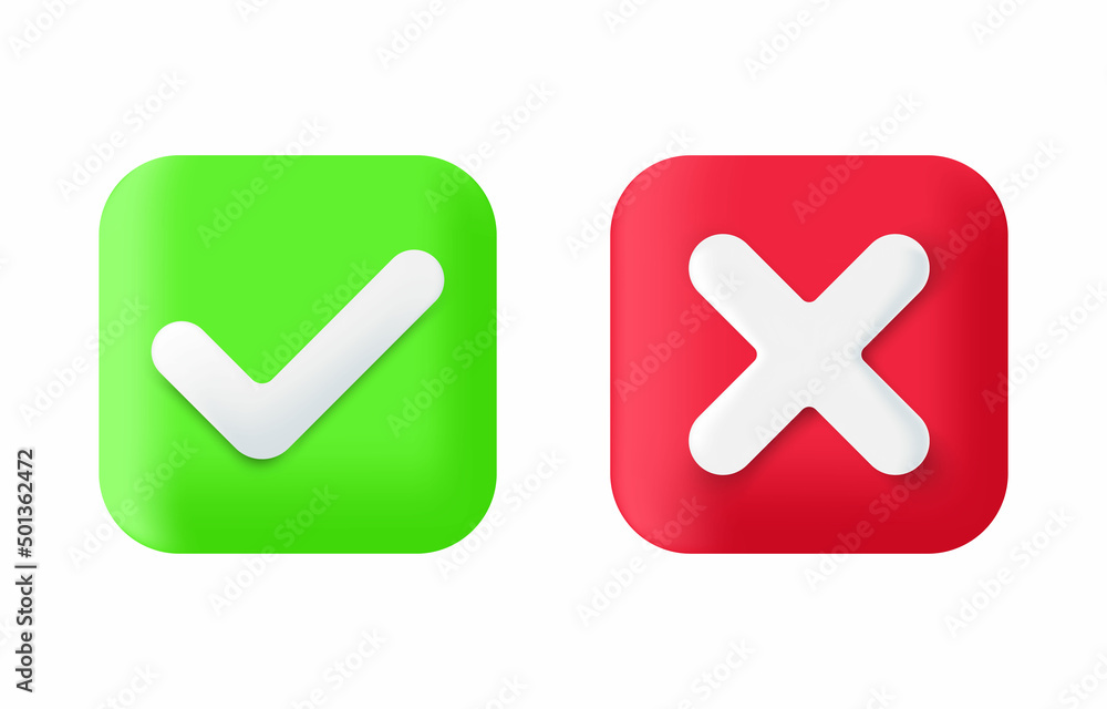 Poster realistic 3d buttons green and red check marks icon. tick and cross. yes or no accept and decline sy