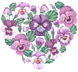 Watercolor heart of pansies on a white background