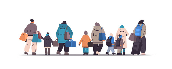 Ukrainian refugees with things fleeing russian aggression against Ukraine stop war concept people searching new homes