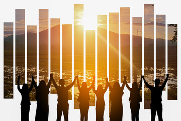 Silhouette of happy business teamwork making high hand over head standing back side on sunrise background, friendship,victory,cooperation,achievement,copy space.