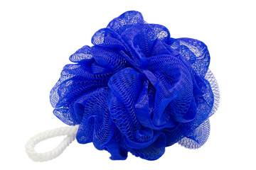 Blue mesh pouf bath sponge washcloth single object isolated on white background closeup photo. Soft...