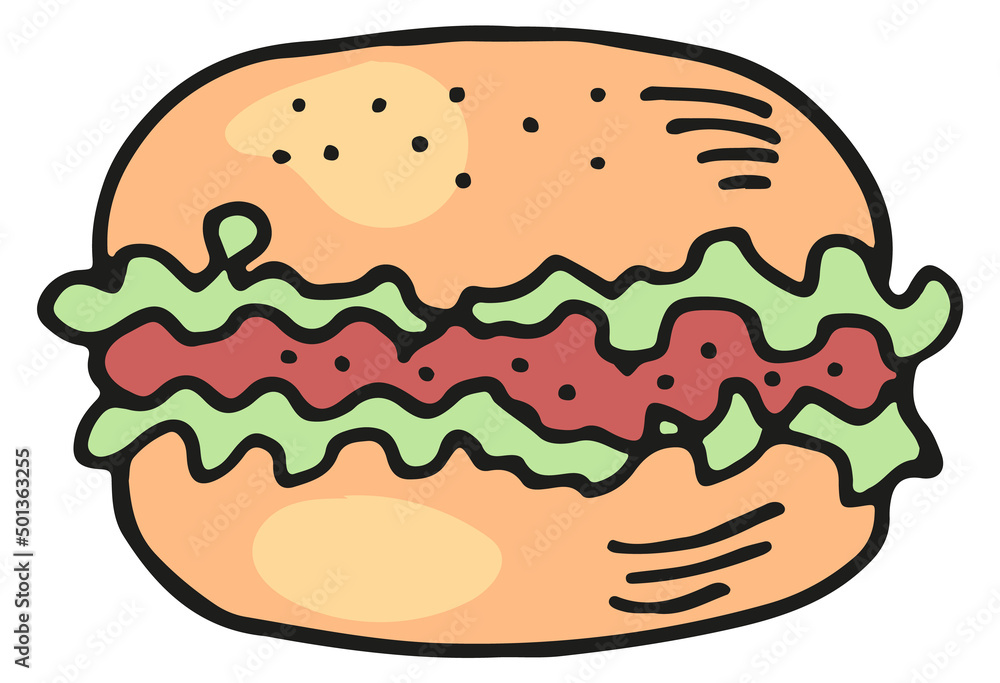 Poster Burger color icon. Hand drawn fastfood doodle