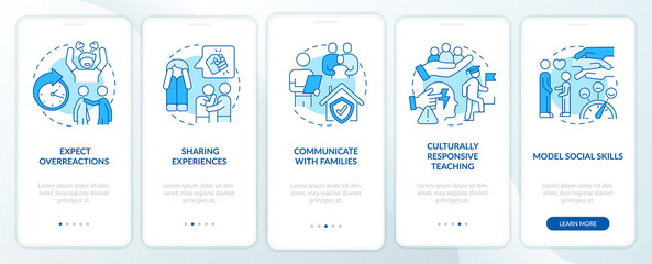 Trauma informed teaching blue onboarding mobile app screen. Education walkthrough 5 steps graphic instructions pages with linear concepts. UI, UX, GUI template. Myriad Pro-Bold, Regular fonts used