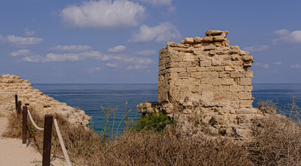 North face remains of Apollonia [Tel Arsuf] castle, located on a high kurkar sandstone cliff facing the Mediterranean seashore of Herzliya city, Apollonia National Park, Israel