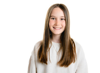 Young brunette pre teen girl on studio white