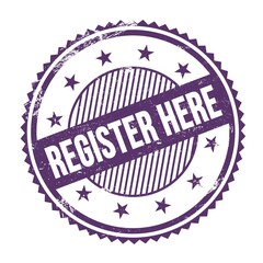 REGISTER HERE text written on purple indigo grungy round stamp.