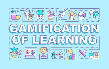Gamification of learning word concepts blue banner. Education innovation. Infographics with icons on color background. Isolated typography. Vector illustration with text. Arial-Black font used