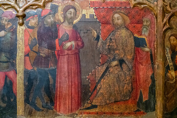 Pilate's trial of Jesus, predella of the Passion of the Lord, Francesc Comes, 1390-1415, tempera on wood, monastery of Puig de Maria, Majorca, Balearic Islands, Spain