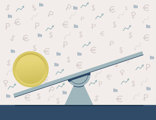 Illustration of a yellow coin on a swing on a light background with images of currency, rates, charts, vectors, arrows. The concept of financial position, the state of the markets