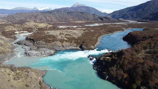 The amazing meeting of waters between Baker River at Lake Bertrand in Patagonia, Chile.
