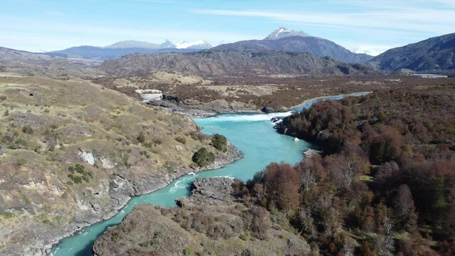 Meeting of waters between Baker River at Lake Bertrand in Patagonia, Chile.