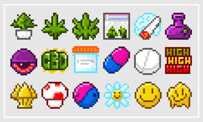 Medical marijuana pixel art style nft cbd weed icons set.