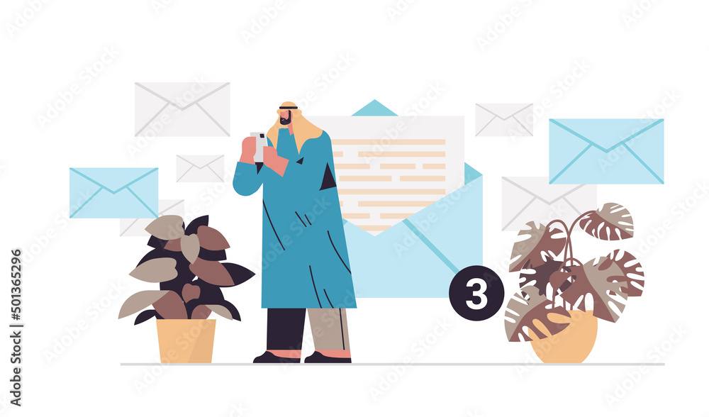 Poster businessman sending or receiving letters on smartphone email inbox message notification new unread m